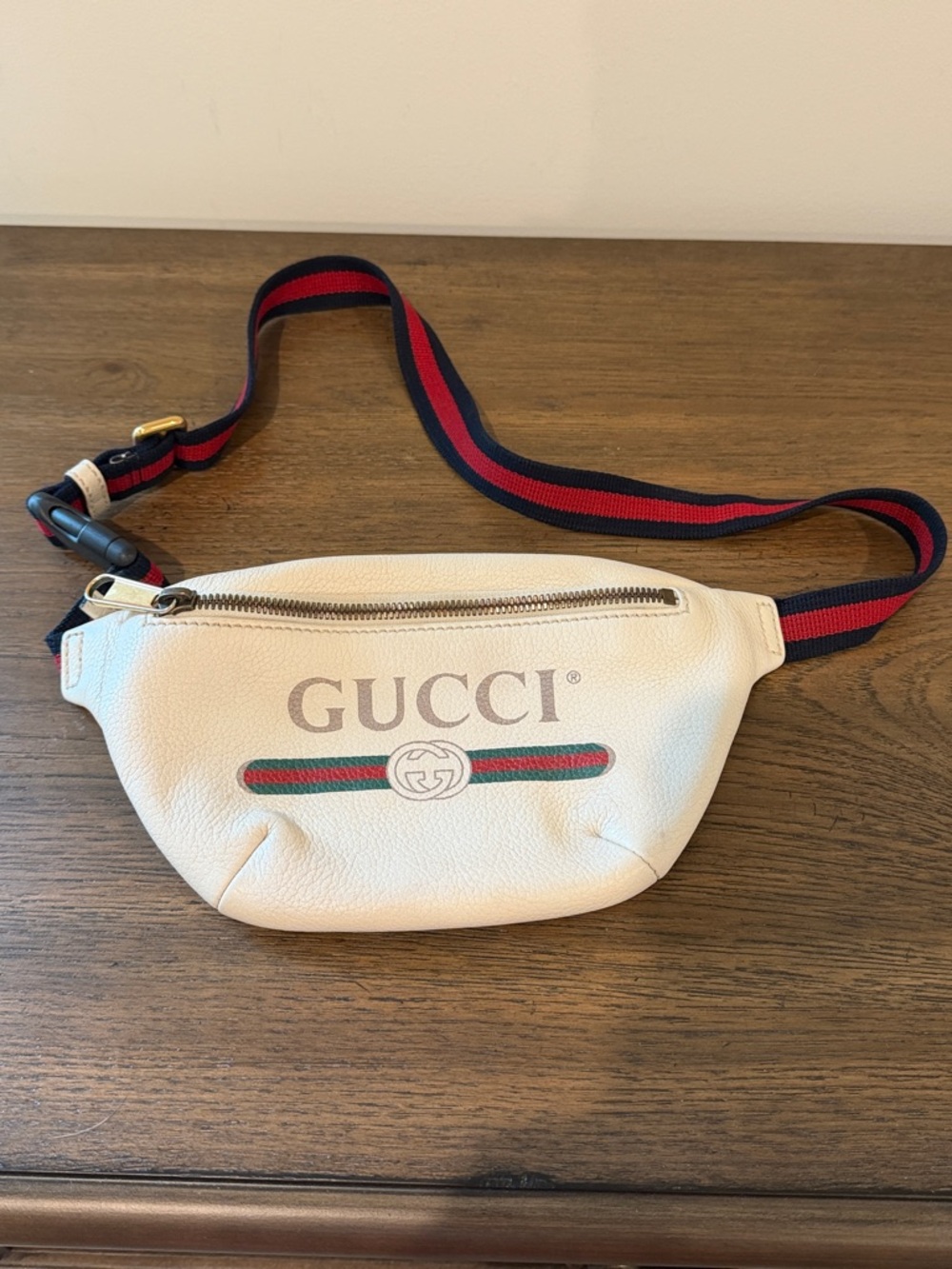Gucci Cream Leather Belt Bag with Blue-Red Web Stripe